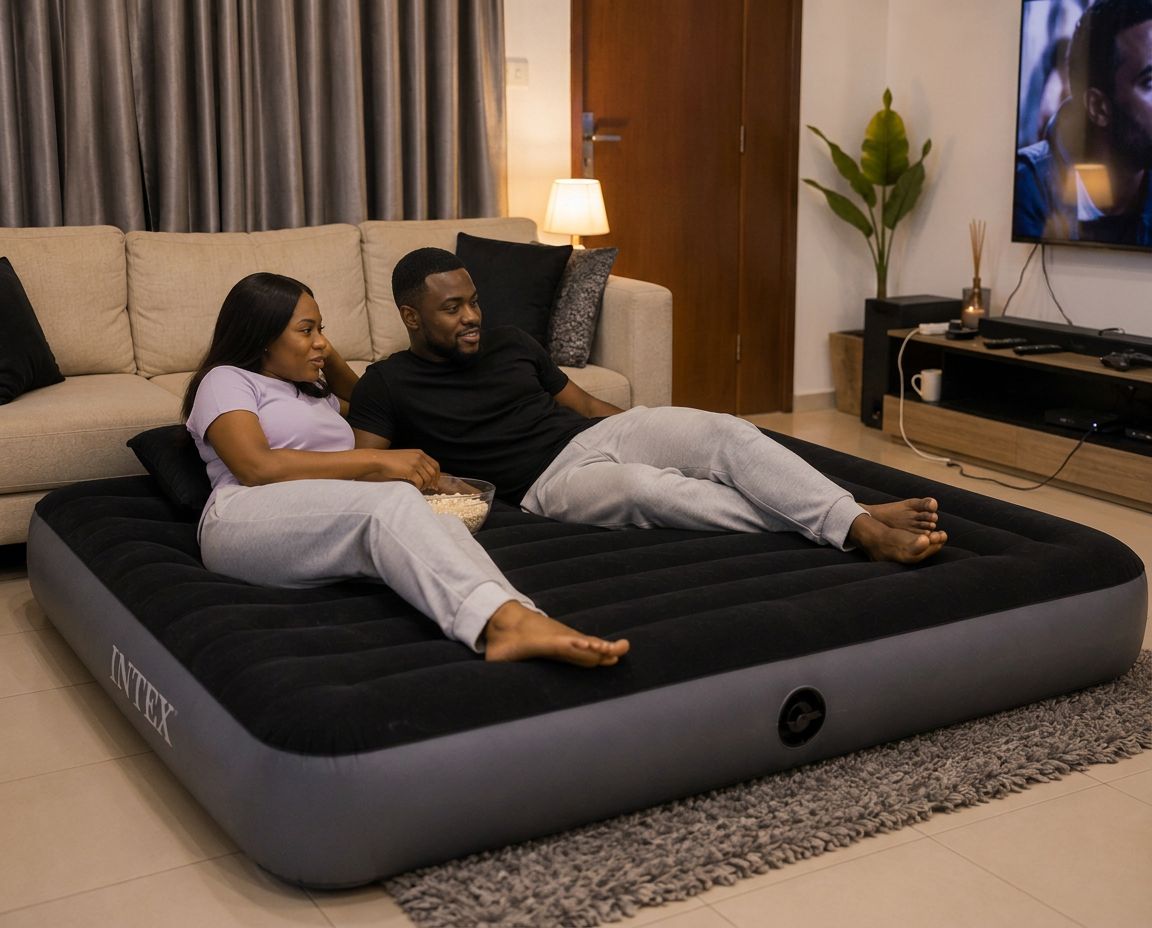 A couple relaxing on the original double-size inflatable bed in their living room while watching TV