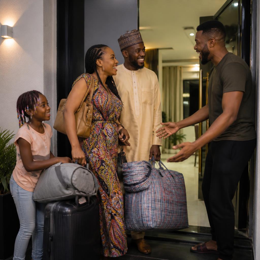 A family arriving with luggage, warmly welcomed at the door of a Lagos apartment